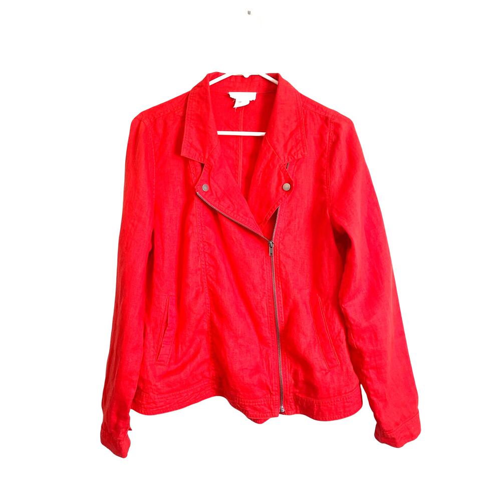 Cynthia Rowley orange red linen moto jacket pockets lightweight snaps zip Large